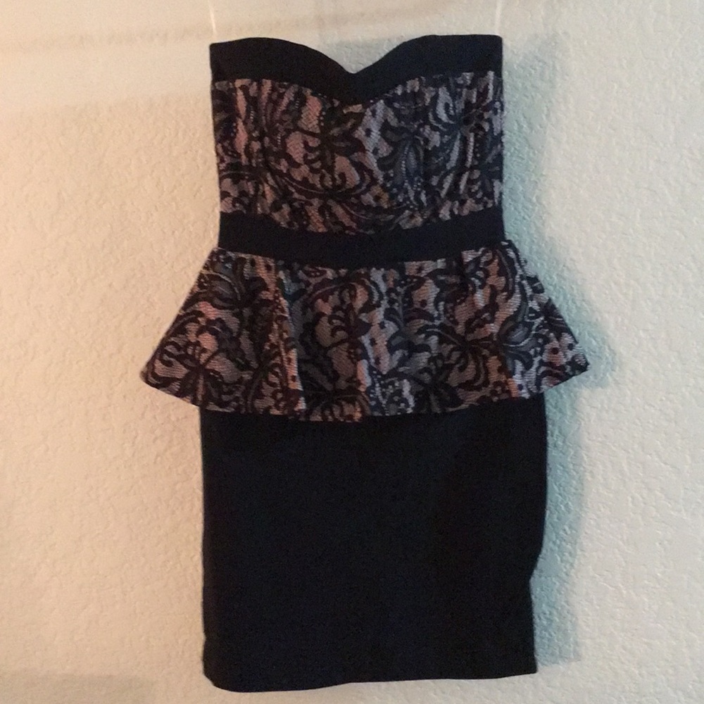 Black and pink lace peplum cocktail dress